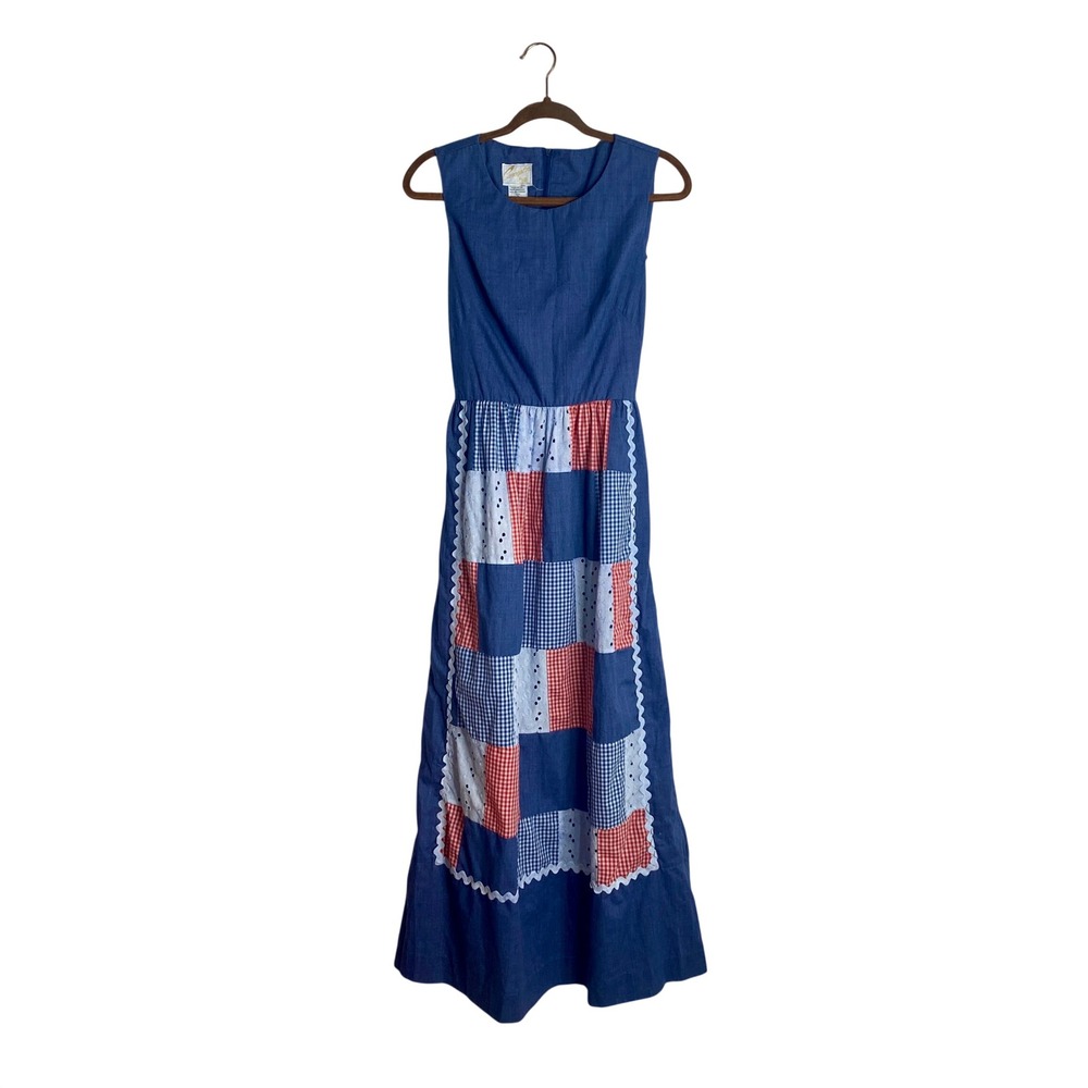 VTG 70s Swirl Patchwork Maxi Dress Gingham Cottagecore Prairie Apron Blue S